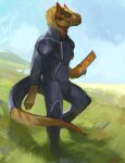  anthro bent_leg blue_sky boots bottomwear buttons_(fastener) claws clothing cloud dinosaur footwear frill_(anatomy) furgonomics grass holding_object jacket knee_pads landscape male malorne pants plant profile_view reptile scalie shoulder_pads signature sky solo spines standing tablet tail_clothing teeth topwear uniform upturned_collar 