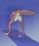  anthro anus bodily_fluids butt canid canine canis crouching female genital_fluids genitals hi_res mammal marking_territory peeing purple_body pussy rear_view simple_background solo urine urine_pool urine_stream watersports wolf xel_(artist) yoga_mat 