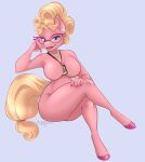  absurd_res anthro big_breasts blonde_hair blue_eyes breasts ear_piercing equid equine eyewear featureless_breasts female glasses hair hi_res hooves horse jewelry mammal mature_female my_little_pony:_a_new_generation necklace nude phyllis_(mlp) piercing pink_body pony solo thick_thighs trexqueen 