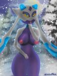  3:4 anthro blubluumon blue_eyes breasts female finger_on_tongue fingering forest froslass genitals hi_res looking_at_viewer nintendo nipples plant pok&eacute;mon pok&eacute;mon_(species) pussy snow solo tongue tree vaginal vaginal_fingering video_games wide_hips yellow_eyes 