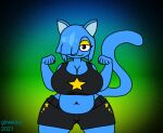  2021 5_fingers :3 anthro bangs belly belly_overhang big_breasts blue_hair bottomwear breasts cleavage clothed clothing crop_top curvy_figure deep_navel digital_media_(artwork) domestic_cat eyelashes eyeshadow felid feline felis female fingers front_view glowkion_(artist) gradient_background hair hair_over_eye looking_at_viewer makeup mammal midriff milki_max narrowed_eyes navel noseless one_eye_obstructed paw_pose pose shirt shorts simple_background slightly_chubby smile solo standing tank_top thick_thighs topwear voluptuous wide_hips 