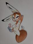  3:4 anthro antlers aubrey_(aubreybun) aubreybun blush breasts brown_body brown_fur eyes_closed facial_markings female fluffy fluffy_tail fur genitals gloves_(marking) hand_behind_head head_markings hi_res holding_object horn jackalope lagomorph long_ears mammal markings mask_(marking) nipples nude number pussy small_breasts smile solo spots 