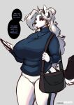  2021 absurd_res anthro big_breasts breasts canid canid_demon clothed clothing demon ear_piercing ear_ring english_text female hellhound helluva_boss hi_res huge_breasts lips loona_(helluva_boss) mammal mature_female piercing solo speech_bubble text the_dogsmith thick_bottom_lip 