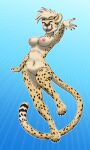  3:5 absurd_res anthro breasts cheetah claws countershading cute_fangs eyes_closed felid feline female genitals happy hi_res jumping mammal nipples punk_hair pussy reaching_towards_viewer sillybirb smile smiling_at_viewer solo spots 