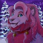  1:1 2021 ajani_(asonix) bell bell_collar blue_eyes christmas christmas_lights christmas_tree collar evening eyebrows facial_hair facial_tuft felid feral grey_nose grey_outer_ear hair happy_holidays highlights_(coloring) holidays lion lynxbrush male mammal mane mane_hair night open_mouth pantherine pink_ears pink_eyebrows pink_hair pink_highlights pink_mane pink_stripes pink_whiskers plant red_collar seasonal sideburns snow snow_on_trees snowing snowing_outside solo star stripes tree winter 