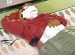  2018 anthro bedding blanket brown_body canid canine detailed_background eyes_closed kemono lying male mammal navel nikiciy raccoon_dog ryokuichi_(nikiciy) sleeping slightly_chubby solo tanuki white_body 