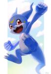  3_toes 5_fingers ambiguous_gender background_sky bandai_namco blue_body blue_skin clawed_feet clawed_fingers digimon digimon_(species) fangs feet fingers hi_res markings open_mouth red_eyes shinbiko7 solo toes veemon yellow_markings 