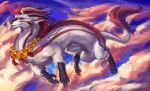  ambiguous_gender beads claws cloud dragon elkaart flying fur furred_dragon hi_res horn sky solo 