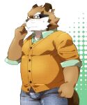  2014 anthro blush bodily_fluids bottomwear brown_body brown_fur canid canine clothing eyewear fur glasses humanoid_hands kemono male mammal nikiciy pants raccoon_dog ryokuichi_(nikiciy) shirt slightly_chubby solo sweat tanuki topwear 