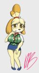  animal_crossing anthro big_breasts bottomwear breasts brown_eyes clothing colored_pupils female hi_res isabelle_(animal_crossing) maulnarch_blooderfly miniskirt nintendo pattern_clothing plaid plaid_clothing short_stack simple_background skirt solo video_games 