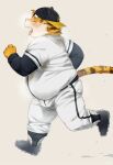  2018 anthro baseball_(sport) baseball_cap baseball_uniform belly blush bottomwear clothing eyes_closed felid fur hat headgear headwear hi_res humanoid_hands kemono male mammal nikiciy overweight overweight_male pantherine pants running shirt simple_background solo sport sportswear tiger tongue tongue_out topwear uniform yellow_body yellow_fur 