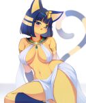  2021 animal_crossing ankha_(animal_crossing) anthro armwear big_breasts blonde_hair blue_body blue_eyes blue_fur blue_hair blush breasts clothed clothing domestic_cat egyptian felid feline felis female fur hair hi_res kemono looking_at_viewer mammal multicolored_body multicolored_fur multicolored_hair multicolored_tail navel neckwear nintendo open_mouth short_hair simple_background solo tongue usekh video_games white_background whooo-ya yellow_body yellow_fur 