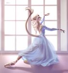  2021 absurd_res anthro ballerina ballet clothing dance_shoes dancewear dress eyebrows eyelashes eyes_closed felid female footwear fur hair hi_res holivi lion long_hair mammal pantherine pointe_shoes shoes solo tail_tuft translucent translucent_clothing tuft window 