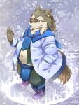  2015 3:4 anthro belly canid canine canis clothed clothing eyewear fur glasses grey_body grey_fur humanoid_hands kemono male mammal navel nikiciy overweight overweight_male wolf 