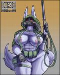  2021 5_fingers abs anthro areola big_breasts black_border border breasts canid canine canis clothing curvy_figure duase female fingerless_gloves fingers gas_mask gloves gun handwear hi_res mammal mask ranged_weapon rasa_(duase) rifle solo standing thick_thighs voluptuous weapon wide_hips wolf 
