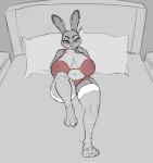  anthro bed bedroom_eyes big_breasts bra breasts clothed clothing darkdarkdarkandy.wo. disney female fishnet fishnet_legwear furniture garter_straps hi_res high-angle_view huge_breasts judy_hopps lagomorph legwear leporid looking_at_viewer lying mammal narrowed_eyes navel on_back on_bed panties rabbit seductive smile solo text thigh_highs translation_check translation_request underwear zootopia 
