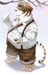  2018 anthro belly bottomwear clothing felid fur hi_res humanoid_hands kemono male mammal nikiciy outside overweight overweight_male pantherine pants plant shirt solo suspenders tiger topwear tree white_body white_fur yellow_eyes 