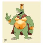  2019 3_toes 4_fingers anthro belly biceps big_belly biped border cape cape_only claws clothing crocodilian crown digital_media_(artwork) donkey_kong_(series) eyes_closed fangs feet finger_claws fingers front_view gem genericboxhead green_body green_scales grey_claws hi_res king king_k._rool kremling male mostly_nude musclegut muscular muscular_anthro muscular_male navel nintendo nude open_mouth overweight overweight_anthro overweight_male pecs reptile royalty scales scalie shaded sharp_teeth signature simple_background smile snout solo standing swirls tan_background teeth teeth_showing toe_claws toes video_games yellow_claws 