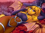  2021 4:3 amber_wind amber_wind_(character) anthro autumn bird_dog bottomwear breasts canid canine canis choker clothed clothing digital_media_(artwork) domestic_dog ear_piercing female fishnet_bottomwear fishnet_clothing food fruit fur golden_retriever halloween hat headgear headwear heart_choker hi_res holidays hunting_dog jewelry leaf legwear looking_at_viewer lying magic_user mammal membrane_(anatomy) membranous_wings necklace on_back open_mouth panties piercing pink_nose pink_tongue plant portrait pumpkin purple_eyes retriever signature simple_background small_breasts solo sparkles three-quarter_portrait tights tongue underwear wings witch witch_costume witch_hat yellow_body yellow_fur 