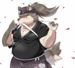  2019 anthro belly blush canid canine canis clothed clothing domestic_dog humanoid_hands kemono lifewonders male mammal nikiciy overweight overweight_male shino_(housamo) simple_background solo tokyo_afterschool_summoners video_games 