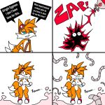  1:1 anthro blue_eyes breasts canid canine comic crossgender digital_media_(artwork) english_text female fox fur gender_transformation hair hi_res laser machine male mammal mechanical_tentacle miles_prower mtf_crossgender ponporio_(artist) red_eyes sega simple_background solo sonic_the_hedgehog_(series) sound_effects steam tentacles text transformation video_games white_body 