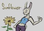  2021 absurd_res anthro breasts clothed clothing colored crop_top digital_media_(artwork) english_text female flower fur gesture halcyon_(series) hi_res lagomorph leporid lost_andsafe mammal midriff plant rabbit shirt simple_background solo sunflower sunflower_(halcyon) text topwear 