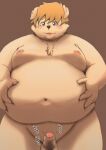  2021 anthro balls belly blush brown_body brown_fur canid canine canis domestic_dog erection fur genitals hi_res humanoid_genitalia humanoid_hands humanoid_penis kemono kiyo male mammal moobs navel nipples overweight overweight_male penis shy simple_background small_penis solo 