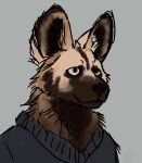  african_wild_dog ambiguous_gender anthro canid canine cheek_tuft clothing facial_tuft mammal shirt solo strana_(artist) topwear tuft yellow_eyes 