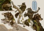  anthro bottomwear brasa_(jerome_jacinto) canid canine capoeira clothed clothing fighting_pose hi_res jerome_jacinto male mammal muscular muscular_male pants pose short_sleeve_hoodie solo speech_bubble topless upside_down were werecanid werecanine werewolf 