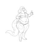  1:1 2021 anthro belly black_and_white breasts cobra female grindavikbydaylight hi_res holding_object keeshee monochrome navel non-mammal_breasts overweight overweight_anthro overweight_female potion reptile scalie simple_background snake snake_hood solo standing white_background 