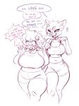  anthro bella_(bypbap) big_breasts bovid breasts bypbap duo effie_(bypbap) embarrassed felid female hi_res mammal slightly_chubby speech_bubble standing thick_thighs wide_hips 