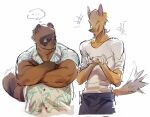  animal_crossing anthro bottomwear brown_body canid canine clothing crazy_redd crossed_arms duo fox male mammal motion_lines muscular muscular_arms muscular_male nintendo pants raccoon_dog shirt smile speech_bubble tanuki tom_nook_(animal_crossing) topwear video_games white_paws_(anatomy) 