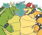  2021 2_horns 4_fingers 6:5 anthro armband belly big_belly black_eyebrows black_eyes bowser bracelet burping claws collar crown digital_media_(artwork) duo eyebrows finger_claws fingers flat_colors forked_tongue green_body green_scales hair hand_on_stomach holding_belly horn jewelry king king_koopa koopa male mario_bros multicolored_body multicolored_scales narrowed_eyes nintendo nude obese obese_anthro obese_male open_mouth open_smile overweight overweight_anthro overweight_male pink_tongue red_eyebrows red_eyes red_hair reptile royalty scales scalie shell smile sound_effects spiked_armband spiked_bracelet spiked_collar spiked_shell spikes spikes_(anatomy) tan_body tan_scales tanio tongue tongue_out video_games white_claws yellow_body yellow_scales yellow_sclera 