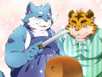  2016 4:3 anthro apron blue_body blue_fur blush bread clothing domestic_cat duo eyes_closed felid feline felis food fur humanoid_hands kemono male mammal nikiciy overweight overweight_male pantherine pink_nose shirt tiger topwear yellow_body yellow_fur 