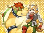  2014 4:3 anthro belly blush bottomwear bowser brown_body canid canine carrying clothing duo fox fox_mccloud green_eyes humanoid_hands kemono koopa male mammal mario_bros moobs nikiciy nintendo overweight overweight_male pants scalie star_fox video_games 
