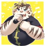  2021 anthro blue_eyes blush clothed clothing cute_fangs felid fur hi_res kemono licho_(tas) lifewonders male mammal microphone musical_note overweight overweight_male pantherine ptcmtr simple_background singing solo tiger tokyo_afterschool_summoners video_games white_body white_fur 