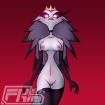  1:1 anthro avian beak blush breasts clothed clothing crown demon female fkimnsfw fluffy fluffy_tail fur genitals helluva_boss mature_female nipples partially_clothed pussy simple_background solo stella_(helluva_boss) white_body white_fur 