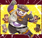  2021 alp_(tas) anthro belly black_nose blush bottomwear clothing cute_fangs eyes_closed giant_panda group hat headgear headwear humanoid_hands kemono lifewonders male mammal mmelotaka necktie overweight overweight_male pants police_badge police_hat purple_body shirt tokyo_afterschool_summoners topwear ursid video_games white_body 