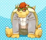  2014 anthro blush bodily_fluids bottomwear bowser clothing eyewear glasses humanoid_hands kemono koopa male mario_bros nikiciy nintendo overweight overweight_male scalie shirt shorts sitting solo sweat topwear video_games 