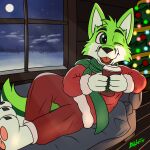  1:1 absurd_res anthro bed beverage black_nose blakefox canid canine christmas christmas_clothing christmas_lights christmas_tree clothed clothing cloud container cup digital_media_(artwork) fidget_the_fox fox full_moon fur furniture green_body green_eyes green_fur hair hi_res holidays light male mammal moon ornaments pawpads pink_pawpads plant red_tongue scarf signature smile snow solo tongue tree white_body white_fur window 