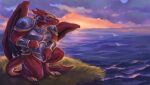  anthro armor avian bird claws cloud dragon elkaart male membrane_(anatomy) membranous_wings red_body scalie sea sky water western_dragon wings 