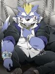 2017 anthro black_nose blue_body blush bottomwear canid canine canis chain chained clothing detailed_background fenrir_(housamo) kemono lifewonders male mammal nikiciy pants shirt sitting solo tokyo_afterschool_summoners topwear video_games white_body wolf 