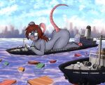  anthro back_arch boat butt eyewear glasses hi_res humanoid macro male mammal mouse murid murine nude rodent shingo_(threes_axelred) solo vehicle villmix watercraft 