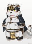  2018 anthro belly black_nose blush bottomwear bulge canid canine canis chibi clothing grey_body hi_res horkeukamui humanoid_hands kemono lifewonders loincloth male mammal moobs navel nikiciy overweight overweight_male simple_background solo tokyo_afterschool_summoners video_games wolf yellow_eyes 