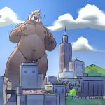 1:1 5_fingers absurd_res anthro belly big_belly black_nose brown_body brown_fur city convenient_censorship fingers fur growth hair hi_res macro male mammal minedoo minedoo_(character) nipples overweight overweight_anthro overweight_male rampage sky solo ursid 