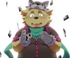  2017 5:4 anthro blue_eyes bodily_fluids canid canine canis clothing crying cu_sith_(tas) domestic_dog halloween halloween_costume hat headgear headwear holidays kemono lifewonders male mammal nikiciy overweight overweight_male scarf shirt simple_background solo tears tokyo_afterschool_summoners topwear video_games 
