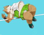  2018 5:4 anthro belly black_nose blue_background blush bottomwear brown_body brown_fur bulge canid canine canis clothing domestic_dog fur gymnastics humanoid_hands kemono male mammal navel nikiciy overweight overweight_male shirt shorts simple_background solo topwear underwear 