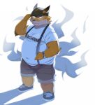  2018 anthro belly bottomwear canid canine clothing fox hat headgear headwear kemono male mammal nikiciy overweight overweight_male shirt shorts simple_background solo suspenders text text_on_clothing text_on_shirt text_on_topwear topwear white_background white_body yellow_body 
