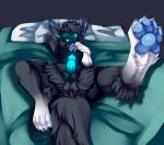  4_ears 4_toes animal_genitalia animal_penis anthro bed blue_claws blue_eyes blue_pawpads blue_tongue butt canine_penis claws feet foot_focus fur furniture genitals glowing glowing_genitalia grey_body grey_fur hi_res lying lying_on_bed machine male meelix mika_the_wolfy1718 multi_ear on_back on_bed pawpads penis presenting presenting_balls presenting_hindquarters presenting_penis protogen raised_leg smile smirk solo toes tongue tongue_out 