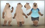  2021 anthro belly black_bottomwear black_clothing black_ears black_shorts blue_clothing blue_shirt blue_topwear bottomwear bracelet brown_eyes brown_hair brown_markings brown_nose buckteeth butt capybara caviid chubby_male clothed clothing countershade_torso countershading digital_media_(artwork) fur hair jewelry looking_at_viewer male mammal markings model_sheet navel neck_tuft necklace nude overweight overweight_male pawpads rodent shirt short_hair short_tail shorts smile solo tan_body tan_fur tasanko teeth topwear tuft 